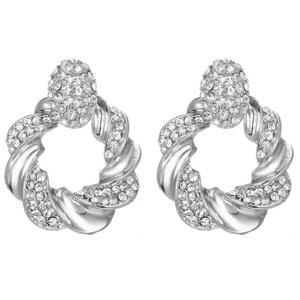 Silver with White Diamond Crystal Twisted Round Post Back Statement Earrings